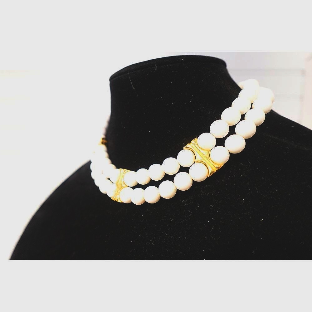 Vintage Napier choker necklace two strands white &‎ gold 80s